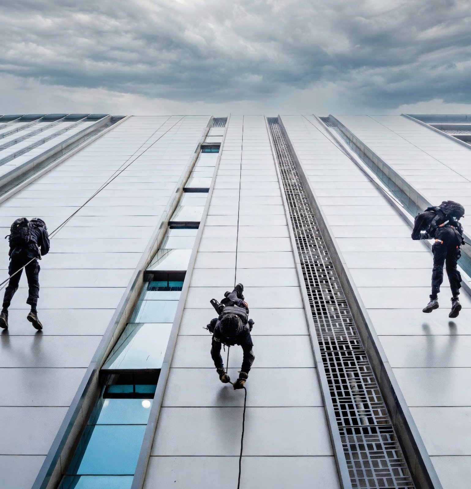 Commandos descend the face of a high-rise during a rappelling exercise.