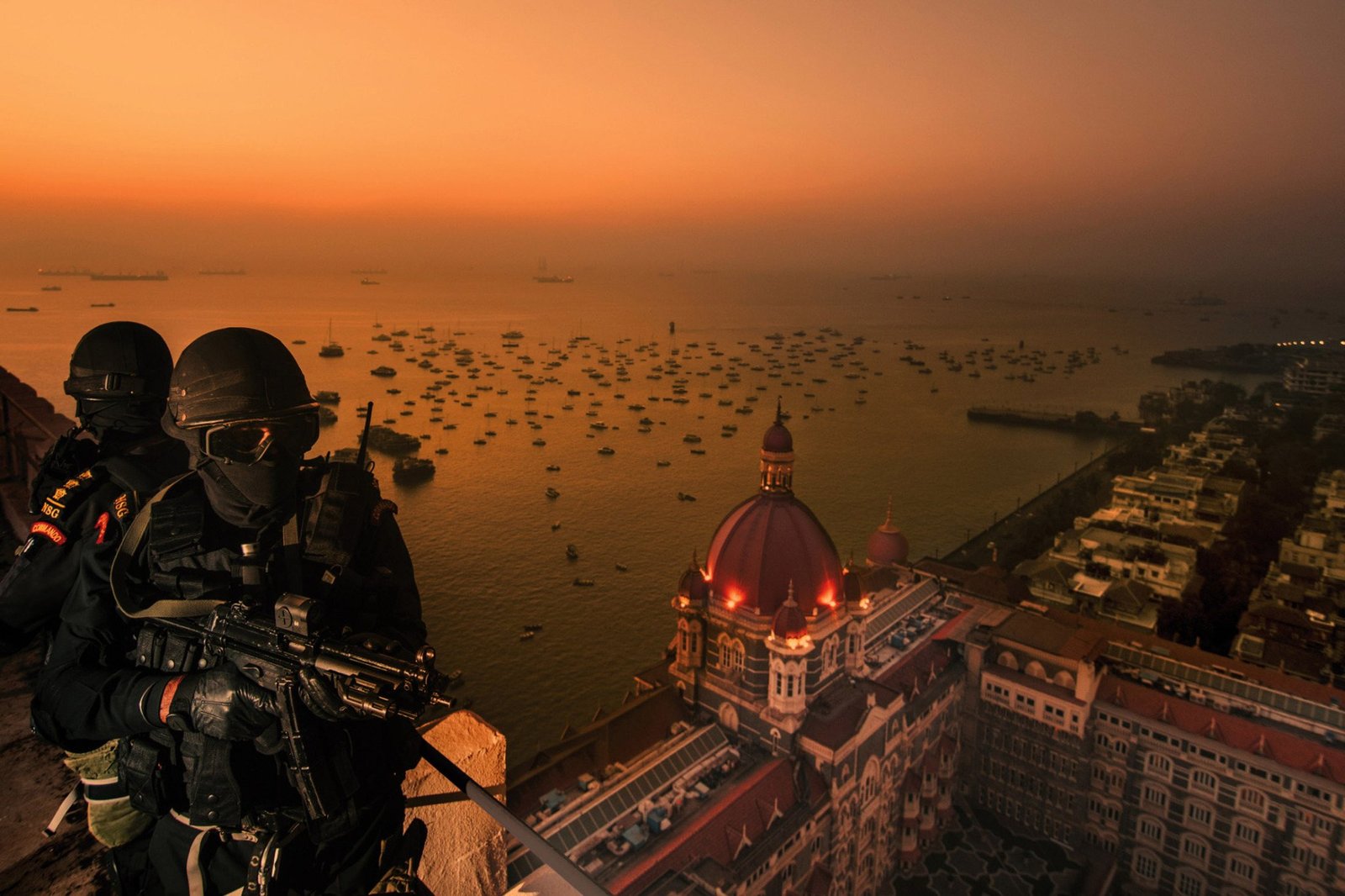 Commandos above the Taj Mahal Palace, Mumbai, in a tribute to the heroes of 26/11. Published in January; used for the November 2017 memorial event and exhibition.