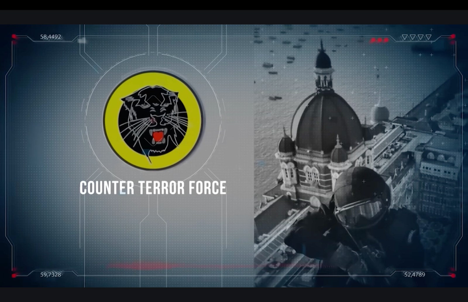 The Counter Terror Force graphic in Inside NSG incorporates the Taj Hotel rooftop photograph.